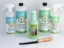 Load image into Gallery viewer, back row hows two large bottles of all-purpose cleaning solution with two spray bottles next to them, in the middle is a bottle of green hard water stain remover, and in the front is a flat black brush with brown wooden handle