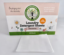 Load image into Gallery viewer, Unscented plant based laundry detergent sheets Sustainable Ecofriendly Green natural home goods PÜR Evergreen zero waste Mrs Meyers Method Forces of Nature biodegradable