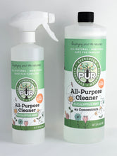 Load image into Gallery viewer, frosted spray bottle with green label that reads All-Purpose Cleaner Eucalyptus Mint next to a larger bottle of concentrate cleaner with black lid