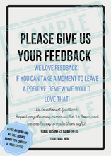 Load image into Gallery viewer, sample graphic asking for feedback and reviews