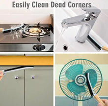 Load image into Gallery viewer, graphic split into four showing ways to use the crevice cleaning brush:  top left is stove top, top right is behind faucet, bottom left is between cabinet doors and drawers, bottom right is fan.