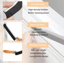 Load image into Gallery viewer, graphic showing close up details of crevice cleaning brush, hard bristles, aluminum base, and wooden handle