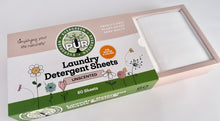 Load image into Gallery viewer, close up of open pink rectangular box of PUR EVERGREEN Laundry Detergent Sheets unscented