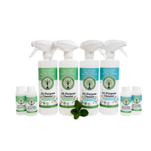 Load image into Gallery viewer, larger starter collection from pur evergreen that includes 2-2 oz sassy spearmint all purpose cleaner refills + 2-16 oz spray bottles for sassy spearmint cleaner and the same in eucalyptus mint