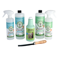 Load image into Gallery viewer, pur evergreens eco clean essentials bundle that includes 16 oz + 32 oz concentrate of all purpose cleaner in sassy spearmint and eucalyptus mint + crevasse tool + hard water stain remover