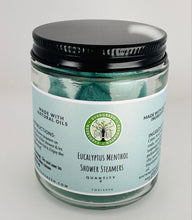 Load image into Gallery viewer, Close up of Eucalyptus Menthol Shower Steamers in jar with black lid