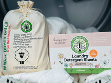Load image into Gallery viewer, canvas bag that reads wool dryer balls from the himalayas with benefits and a rectangular box that reads PUR EVERGREEN Laundry Detergent Sheets unscented