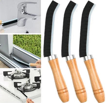 Load image into Gallery viewer, graphics showing 4 things, top left is crevice brush cleaning behind a faucet, middle left is a sliding glass door frame being cleaning with crevice brush, bottle left is showing stove top being cleaning with crevice brush, the left photo is 3 crevice brushes standing next to each other