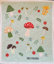 Load image into Gallery viewer, miscellaneous mushrooms, leaves, and little flowers scattered around on a light green background