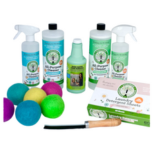 Load image into Gallery viewer, pur evergreen green living bundle includes 2-16 oz + 2-32 oz concentrates + hard water stain remover + six wool dryer balls + crevasse tool + one box laundry detergent sheets