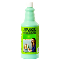 Load image into Gallery viewer, green liquid in clear bottle with bright green label that reads "Hard Water Stain Remover"