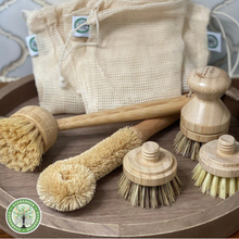 Load image into Gallery viewer, kitchen essential bundle from pur evergreen that includes produce bags + long bamboo brush + bottle brush + pot brush + replacement head