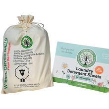 Load image into Gallery viewer, one blue box of ocean breeze laundry detergent sheets and bag of 6 wool dryer balls