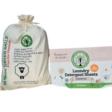 Load image into Gallery viewer, one pink box of unscented laundry detergent sheets and bag of 6 wool dryer balls