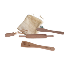 Load image into Gallery viewer, little chefs wooded kitchen tools for childrens play - spoon, spatula, polling pin and whisk with mesh produce bag