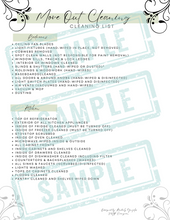 Load image into Gallery viewer, sample graphic titled move out cleaning checklist with multiple things to clean in bedrooms and kitchen