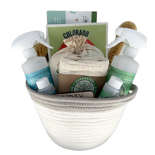 Load image into Gallery viewer, pur evergreen natural home bundle includes: 2-16 oz spray bottles + 2-2oz refill bottles + produce bags + wool dryer balls + swedish dishcloth + bamboo brush+ laundry detergent sheets