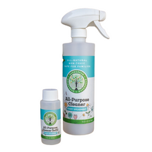 Load image into Gallery viewer, 2 oz refill bottle and 16 oz white spray bottle of pur evergreen all purpose cleaner in sassy spearmint aroma
