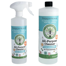Load image into Gallery viewer, 16 oz spray bottle and 32 oz concentrate with blue label that reads "PUR evergreen all purpose cleaner in sassy spearmint aroma"