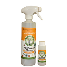 Load image into Gallery viewer, 2 oz refill and 16 oz spray bottle of orange label pur evergreen cozy bliss all purpose cleaner