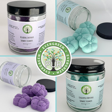 Load image into Gallery viewer, graphic split into four squares:  Top Left is a clear jar with black lid, purple labels reads PUR EVEGREEN Relaxing Lavender Shower Steamers - Bottom Left, jar is laying on it side open, with four purple flower shaped shower steamers spilling out - Bottom Right is clear jar with black lid, Blue-ish Green label that reads PUR EVERGREEN Eucalyptus Menthol Shower Steamers - Top Right is the jar on it s side, open and four shower steamers spilling out