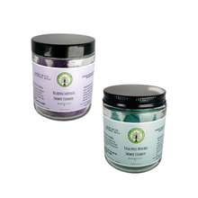 Load image into Gallery viewer, clear jar with black lid , bluish label reads PUR Evergreen Eucalyptus Menthol Shower Steamers and one with purple label that reads lavender shower steamers