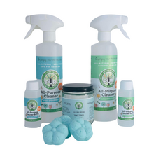 Load image into Gallery viewer, winter wellness bundle from pur evergreen includes 2 oz refill + 16 oz spray bottle of pur evergreen all purpose cleaner in sassy spearmint and eucalyptus mint + one jar of 4 eucalyptus mint shower steamers