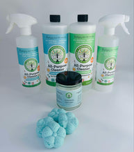 Load image into Gallery viewer, front view of two spray bottles and two larger bottles of PUR Evergreen cleaner, one smaller jar with 4 flower shaped shower steamers in front