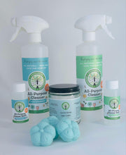 Load image into Gallery viewer, two spray bottles of cleaner, two smaller bottles next to them , and a jar with flower shaped shower steamers in front of them all