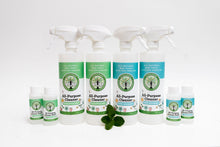 Load image into Gallery viewer, 2 green spray bottles + 2 blue spray bottles next in the middle, on the outter edges of frame, are 4 smaller bottles of concentrated all-purpose cleaner