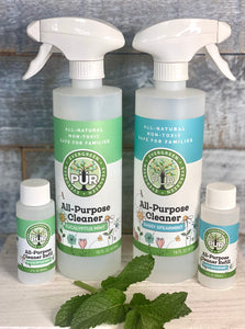 2 empty 16oz spray bottles and 2 bottles of 2oz cleaner Sustainable Ecofriendly Green natural home goods PÜR Evergreen antibacterial all-purpose cleaner non-toxic families safe natural zero waste Mrs Meyers Method Forces of Nature sassy spearmint cozy bliss eucalyptus mint yummy smell good scent fresh