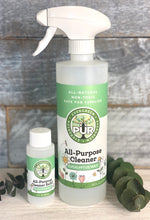 Load image into Gallery viewer, Empty 16 oz spray bottle and 2 oz cleaner Sustainable Ecofriendly Green natural home goods PÜR Evergreen antibacterial all-purpurse cleaner non-toxic families safe natural zero waste Mrs Meyers Method Forces of Nature sassy spearmint cozy bliss eucalyptus mint yummy smell good scent fresh