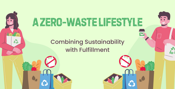 man and woman on the outer edges holding reusable grocery bags, multiple bags and boxes in front of them with paper, and food, and a no plastic symbol