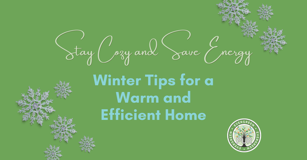 green background, a few snowflakes in the bottom left and top right corners, text reads Stay Cozy and Save Energy Winter Tips for a Warm and Efficient Home"