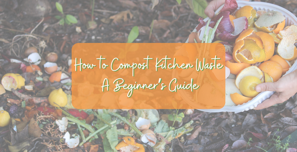 loose food and dirt with a person pouring more food scraps into the pile - text reads "How to compost Kitchen Waste - A Beginners Guide"