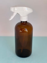 Load image into Gallery viewer, amber colored glass bottle with white sprayer lid