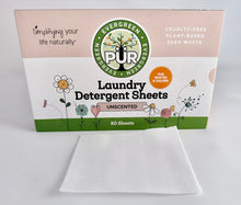 Load image into Gallery viewer, Unscented plant based laundry detergent sheets Sustainable Ecofriendly Green natural home goods PÜR Evergreen zero waste Mrs Meyers Method Forces of Nature biodegradable 