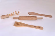 kids kitchen tool set activities cooking wood spoon wood spatula wood whisk wood rolling pin organic cotton produce bag with PÜR Evergreen on the handles
