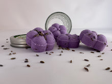 Load image into Gallery viewer, PÜR Evergreen Lavender Shower Steamers. Four in a jar. Just add one to the bottom of your shower, let the hot water hit it and the steam that rises will have a spa like feel breathing in the healing aromas.