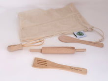 Load image into Gallery viewer, kids kitchen tool set activities cooking wood spoon  wood spatula   wood whisk  wood rolling pin organic cotton produce bag