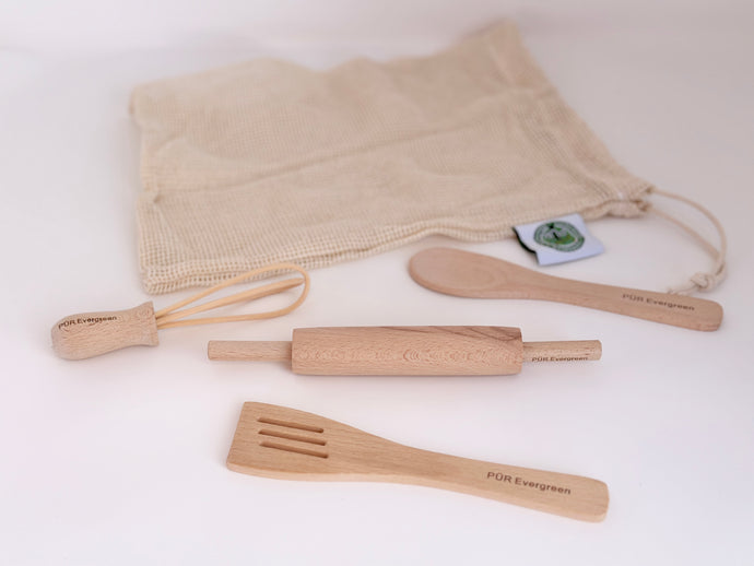 kids kitchen tool set activities cooking wood spoon  wood spatula   wood whisk  wood rolling pin organic cotton produce bag