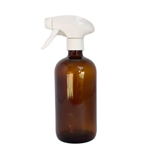 glass amber bottle with white sprayer