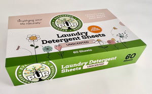 Unscented plant based laundry detergent sheets Sustainable Ecofriendly Green natural home goods PÜR Evergreen zero waste Mrs Meyers Method Forces of Nature biodegradable 
