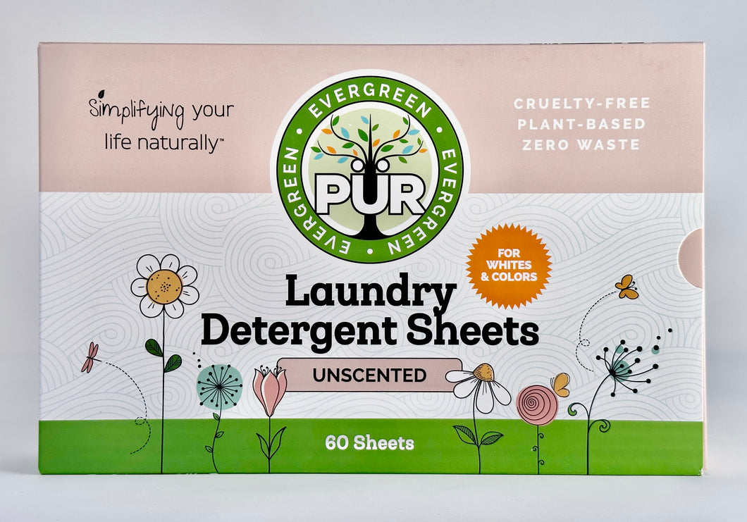 Unscented plant based laundry detergent sheets Sustainable Ecofriendly Green natural home goods PÜR Evergreen zero waste Mrs Meyers Method Forces of Nature biodegradable 