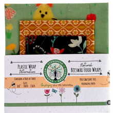 Load image into Gallery viewer, package of three handmade beeswax wraps