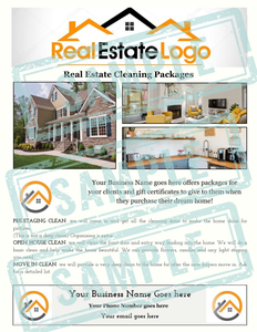 sample graphic of real estate cleaning package with business information, photos, logos, and contact info