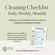 Cleaning checklist with daily, weekly, and monthly tasks on a light green background.