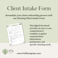 Cleaning Client Intake Form with text about streamlining client onboarding process and PURE Evergreen branding.