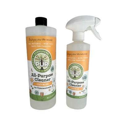 Two bottles of Evergreen PUR All-Purpose Cleaner on a white background