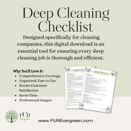 Promotional graphic for a deep cleaning checklist with text and a URL on a light green background.